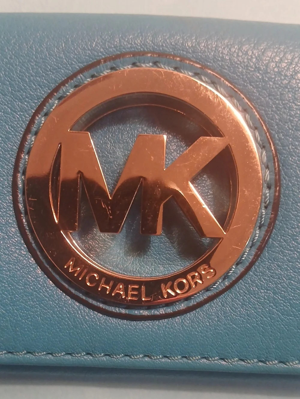 Michael Kors Blue Pebbled Leather Rose Gold MK Logo Flap Card Case Mini Wallet